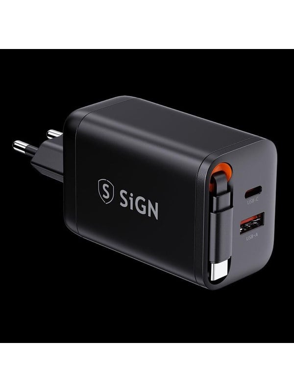 SiGN GaN Fast Charger USB-C/USB-A 65W with extendable USB-C cable - Black