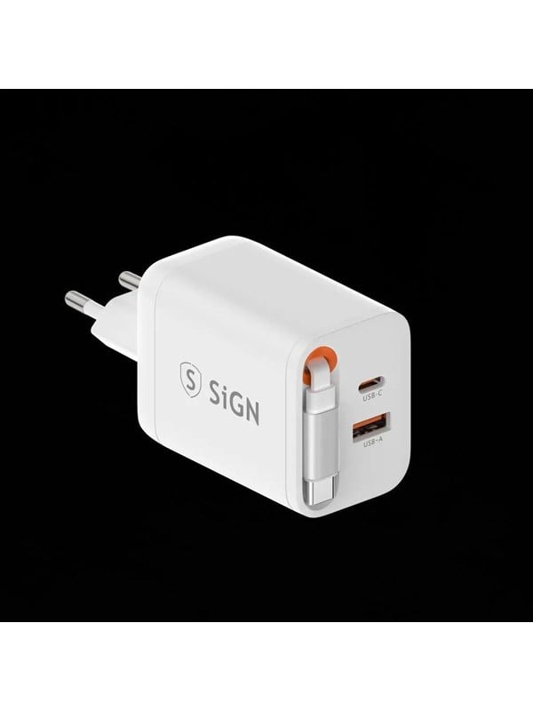 SiGN GaN Fast Charger USB-C/USB-A 65W with extendable USB-C cable - White