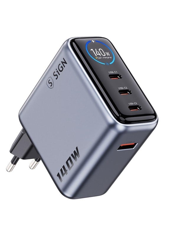 SiGN 140W Fast Charger with Smart Display - 3x USB-C / 1x USB-A - Gray