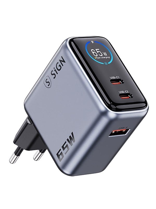 SiGN 65W Fast Charger with Display - 2x USB-C / 1x USB-A - Gray