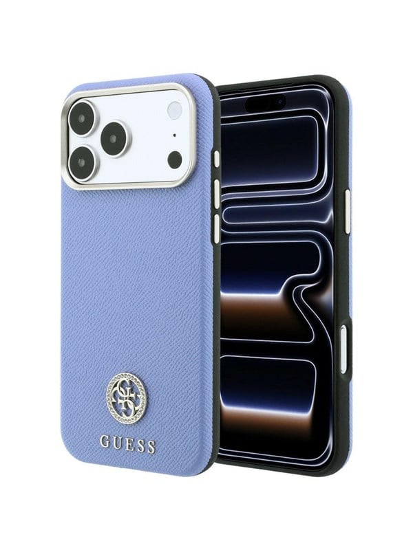 Etui Guess Grained Round Strass Logo MagSafe do iPhone 18 Pro Max / 17 Pro Max niebieski