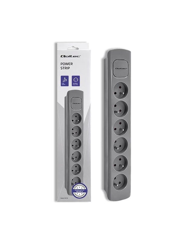 Qoltec 50277 strømskinne - 6 Type F stikkontakter - 1.8 m - 3680 W - Grå