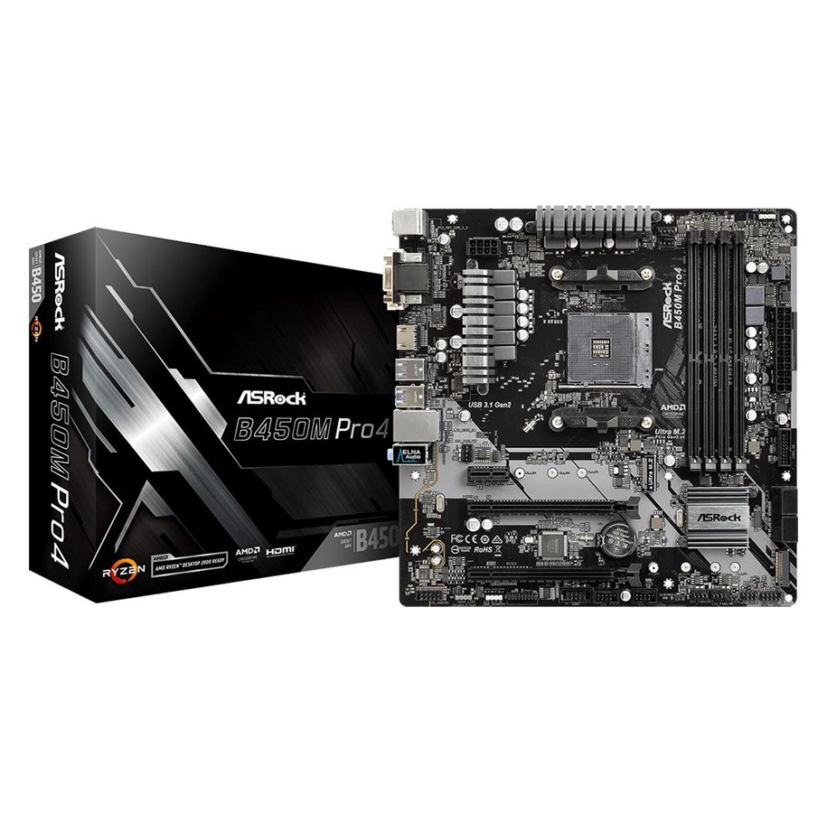 Bundkort - ASRock B450M Pro4 Bundkort - AMD B450 - AMD AM4 socket - DDR4 RAM - Micro-ATX - 90-MXB8F0-A0UAYZ