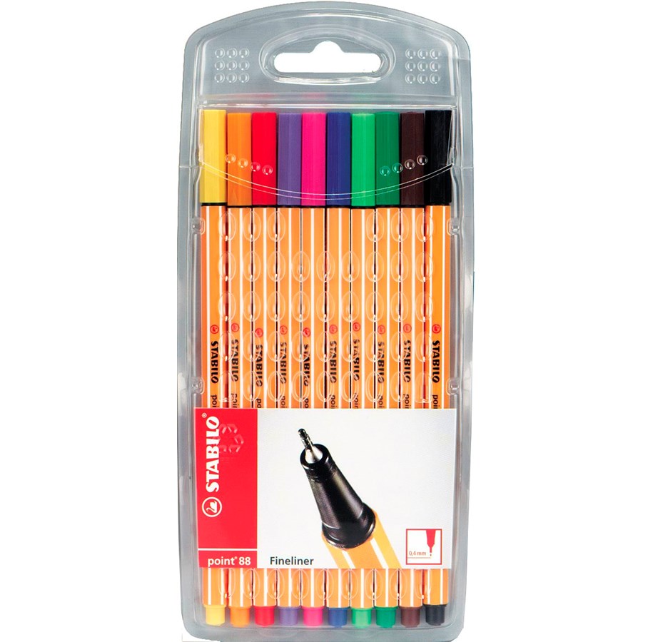 Skrive- og Tegneværktøjer - STABILO Point 88 sæt med 10 fine line penne ass. farver. Universal pen med metal rørspids stregbredde 0.4 mm. God til brug med lineal og tegneskabeloner - 8810