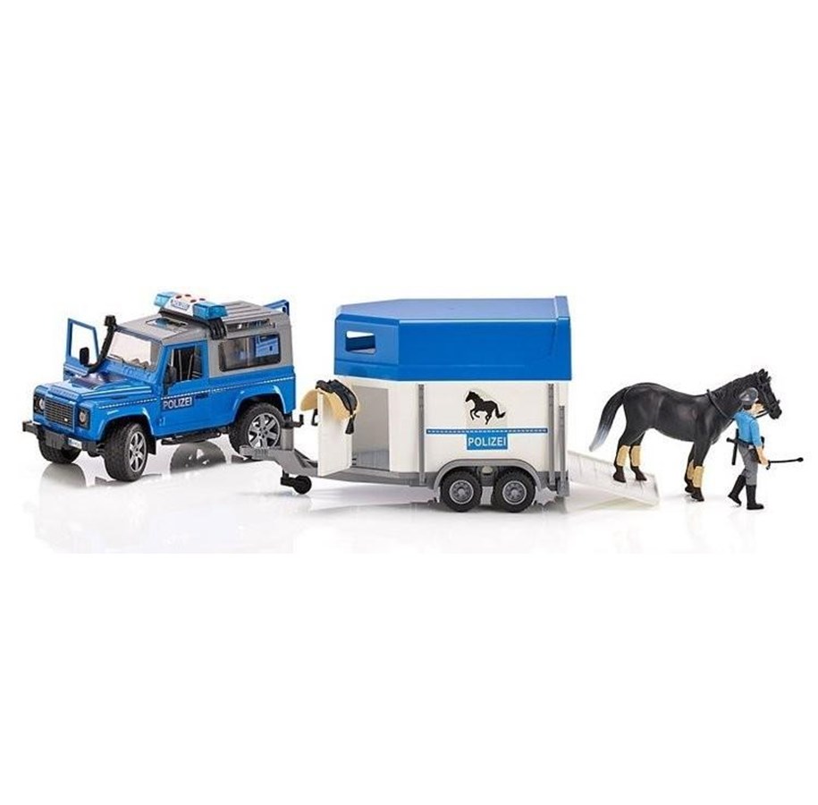 Legetøjsbil - Bruder Land Rover Defender Police vehicle with horse trailer horse and policeman - 02588