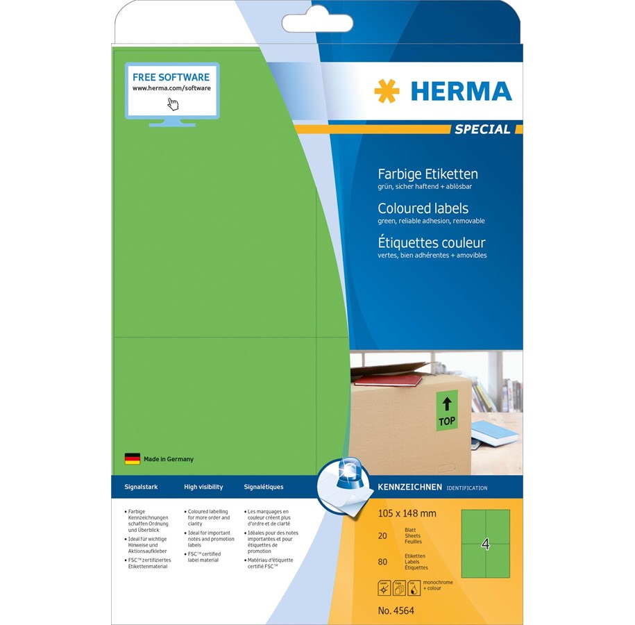 Papir, Fotopapir og Etiketter - HERMA Coloured labels A4 105 x 148 mm green removable - 4564