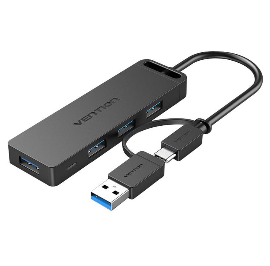 USB hub - Vention 2-in-1 Interface USB 3.0 Hub with 4 Ports USB-C and USB 3.0 USB hub - USB 3.0 - 4 ports - Sort - CHTBB