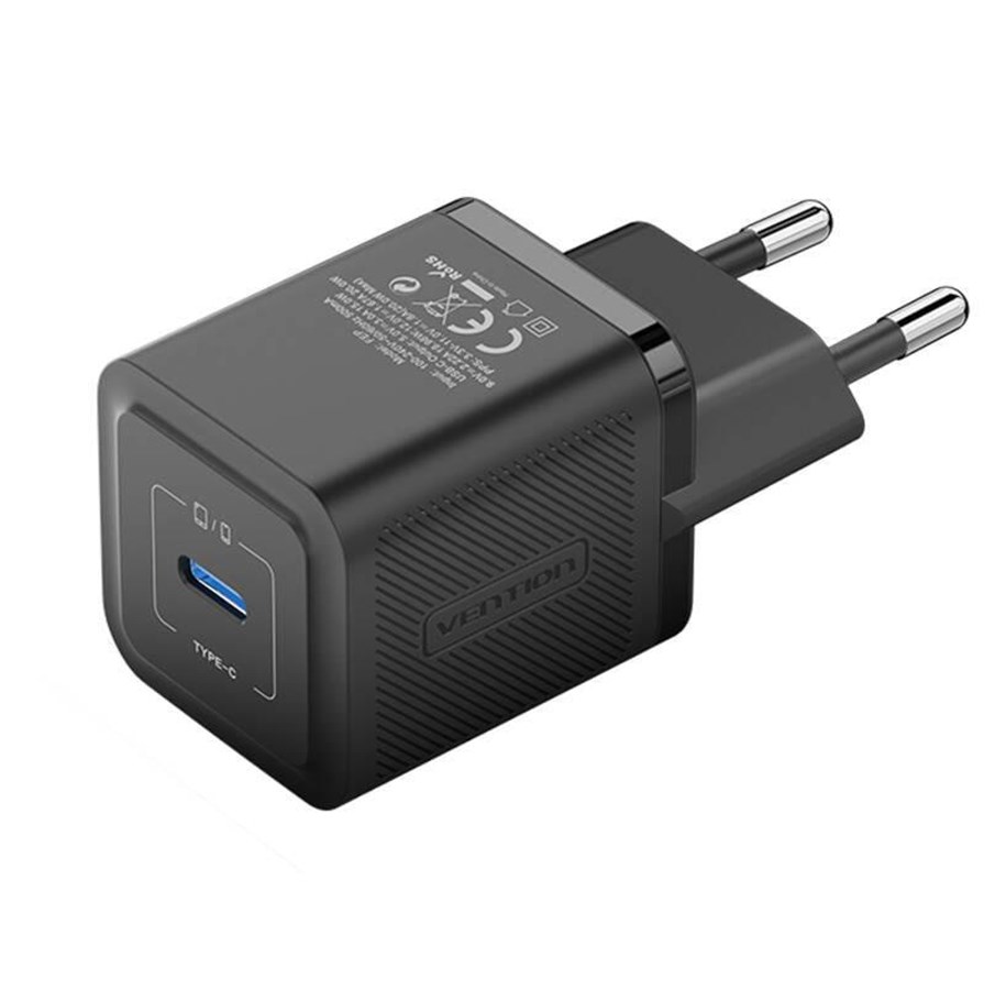 Mobil - Adaptere & Opladere - Vention Wall charger FEPB0-EU USB-C 20W GaN (black) - FEPB0-EU