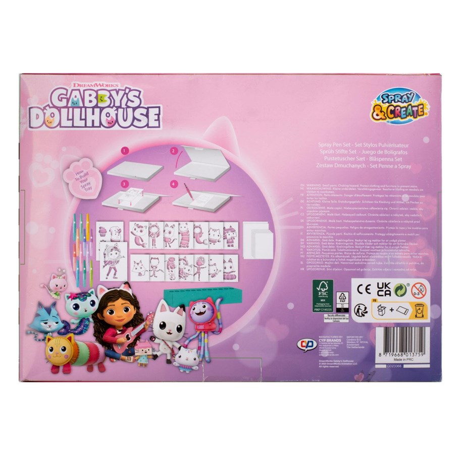 Gabby’s Dollhouse Kit Stylos Pulvérisateurs Magiques – 7 Stylos + 6 Pochoirs Réutilisables, Activité Créative Sans Peinture Pour Enfants Dès 3 Ans