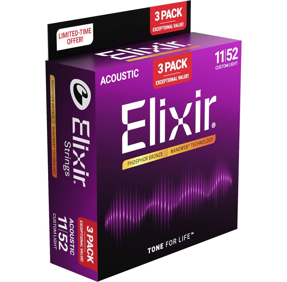 Musik & DJ Instrumenter - Elixir Strings 16568 - Phosphor Bronze - Akustiske strenge - Nanoweb - Custom Light (11-52) - 3-pak - CEL 16568