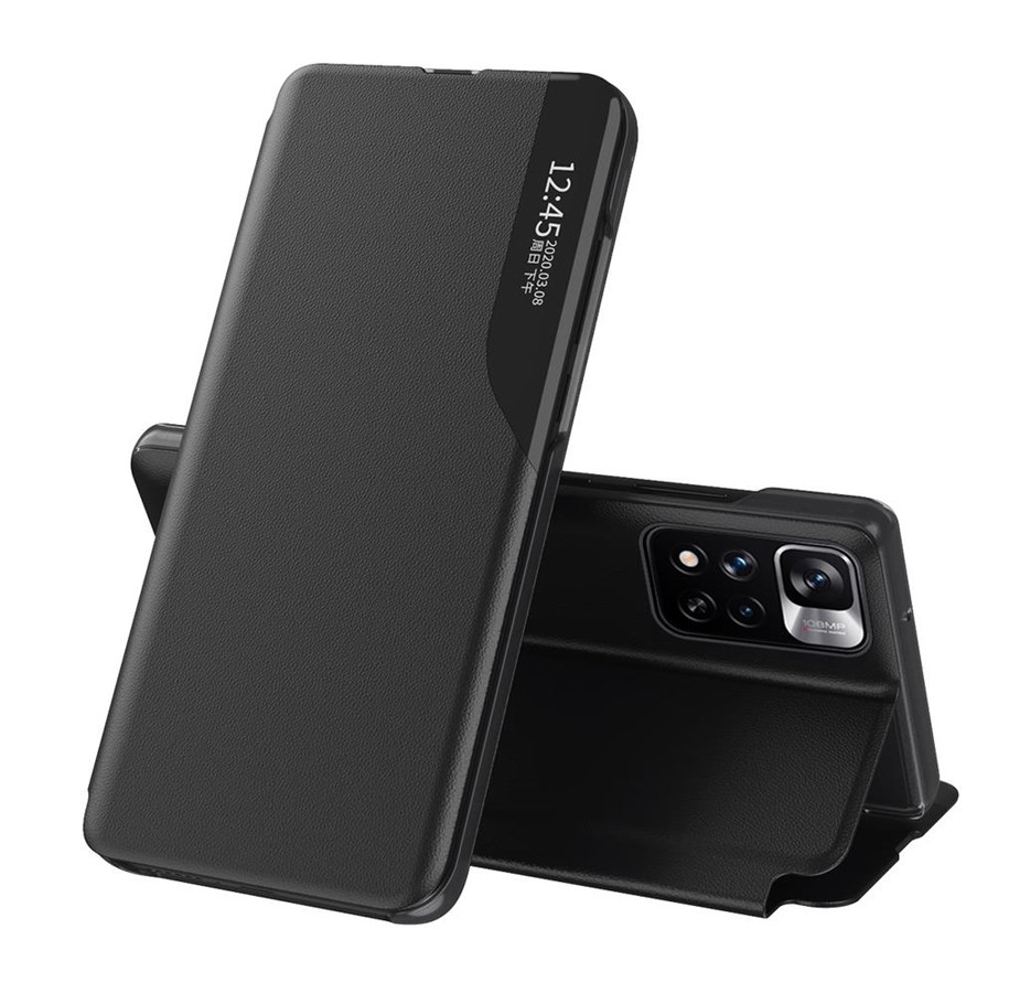 Mobil - Covers & Cases - Hurtel Eco Leather View Case Elegant Flip Cover Stand Function Poco M4 Pro 5G Black - 5907769338205