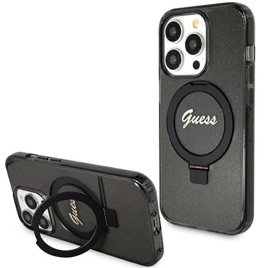 Mobil - Covers & Cases - GUESS Ring Stand Script Glitter MagSafe case for iPhone 15 Pro Max - black - 3666339156350
