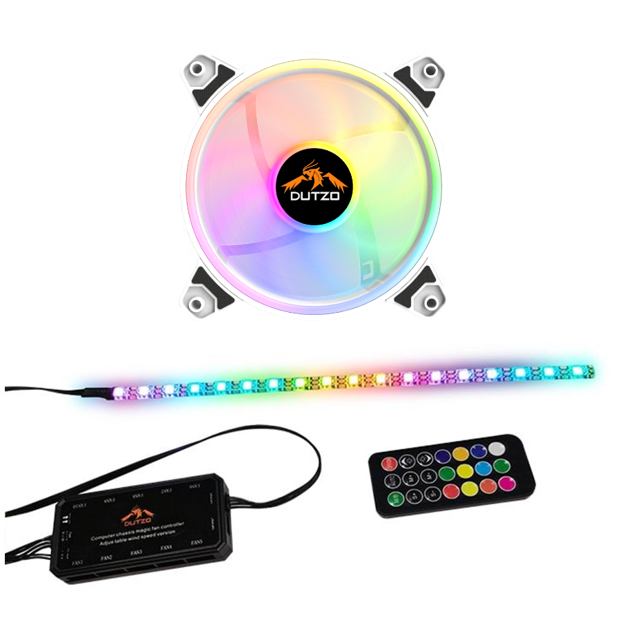 Kabinet Køler - DUTZO RGB Kit 1 - 1x RGB blæser hvid + 1x LED strip + fjernbetjening & controller - 120mm - Hvid med RGB - 24 dBA - DRGB-BUNDLE1 WHITE