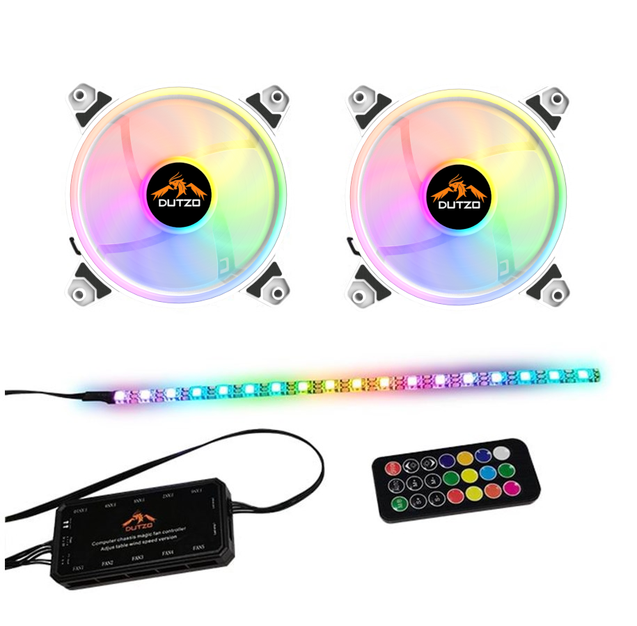 Kabinet Køler - DUTZO RGB Kit 2 - 2x RGB blæsere hvid + 1x LED strip + fjernbetjening & controller - 120mm - Hvid med RGB - 24 dBA - DRGB-BUNDLE2 WHITE