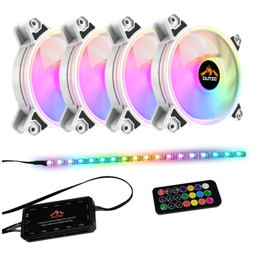 Kabinet Køler - DUTZO RGB Kit 4 - 4x RGB blæsere hvid + 1x LED strip + fjernbetjening & controller - 120mm - Hvid med RGB - 24 dBA - DRGB-BUNDLE4 WHITE