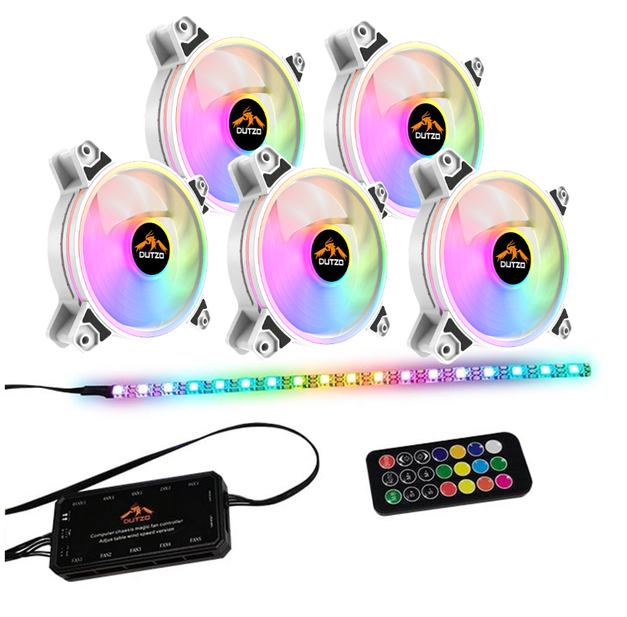 Kabinet Køler - DUTZO RGB Kit 5 - 5x RGB blæsere hvid + 1x LED strip + fjernbetjening & controller - 120mm - Hvid med RGB - 24 dBA - DRGB-BUNDLE5 WHITE
