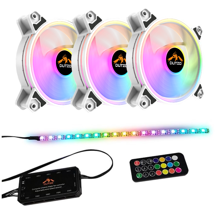 Kabinet Køler - DUTZO RGB Kit 3 - 3x RGB blæsere hvid + 1x LED strip + fjernbetjening & controller - 120mm - Hvid med RGB - 24 dBA - DRGB-BUNDLE3 WHITE
