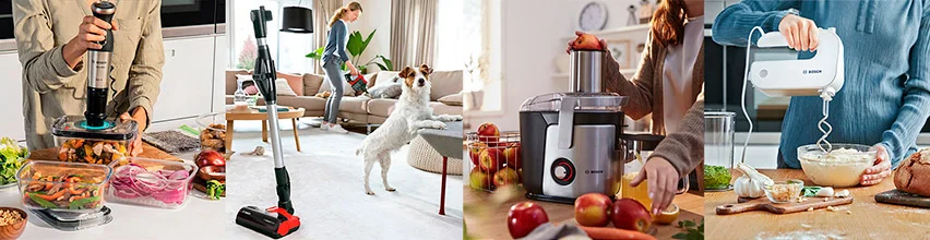 Bosch stavblender, ledningsfri støvsuger, juicer og håndmixer i brug i lyse køkken- og stuemiljøer med frisk frugt, grøntsager og en hund