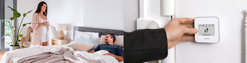 Par i soveværelse og hånd der trykker på Bosch Smart Home Universal Switch II med Coming home scenarie aktiveret