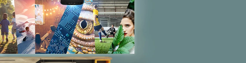 Collage af film sport gaming og natur som viser pålidelig Epson projektor underholdning gennem mange år