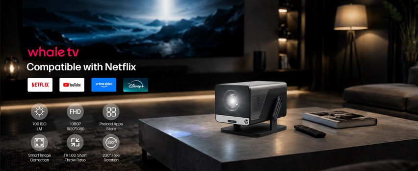 HP Whale TV Smart Projektor – kompatibel med Netflix, YouTube, Prime Video og Disney+ – FHD 1080p med 230° rotation