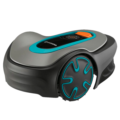 En moderne, grå og turkis robotplæneklipper på hvid baggrund.