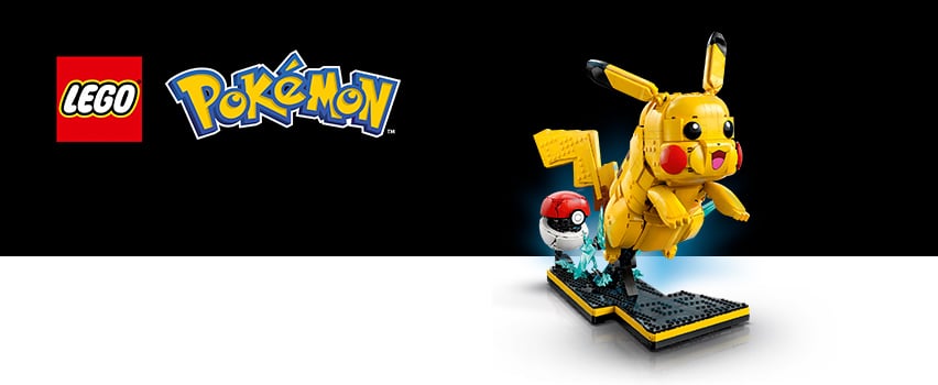 Banner - Gul Pikachu Pokémon LEGOmodel på sort og hvid baggrund med LEGO og Pokémon logo