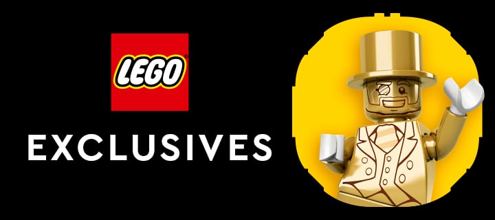 LEGO Exclusives-banner med LEGO-logo og guldfarvet Mr. Gold-minifigur med høj hat og monokel