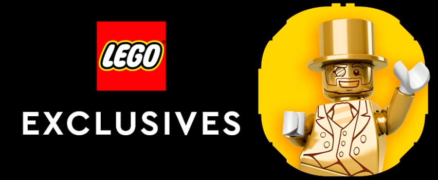 LEGO Exclusives-banner med LEGO-logo og guldfarvet Mr. Gold-minifigur med høj hat og monokel