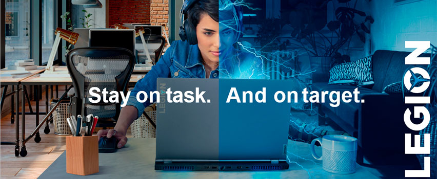 Lenovo Legion bærbar gaming laptop – kvinde med headset skifter fra kontor til gaming med teksten Stay on task. And on target.
