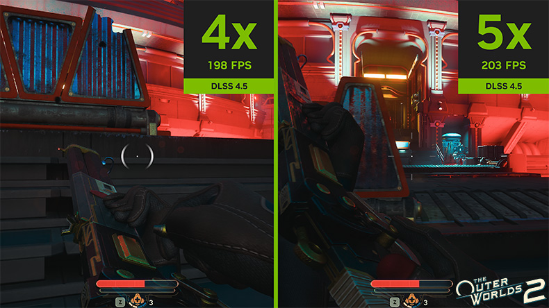 The Outer Worlds 2 split-screen sammenligning: DLSS 4.5 Dynamisk Multi Frame Generation 4x ved 198 FPS vs. 5x ved 203 FPS