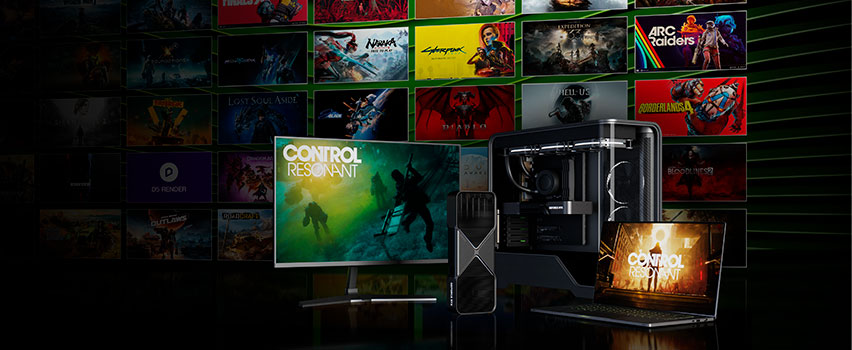 GeForce RTX 50-serien GPU, stationær PC og laptop med spillet CONTROL Resonant på skærmen omgivet af DLSS 4.5-spiltitler