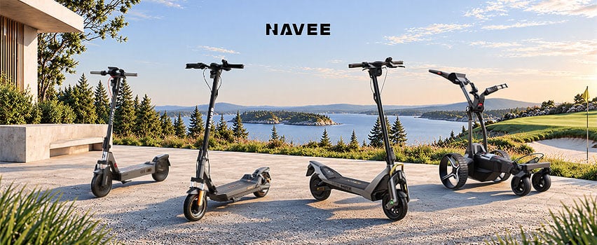 Navee elektriske løbehjul og elektrisk golftrolley på terrasse med udsigt over vand og golfbane