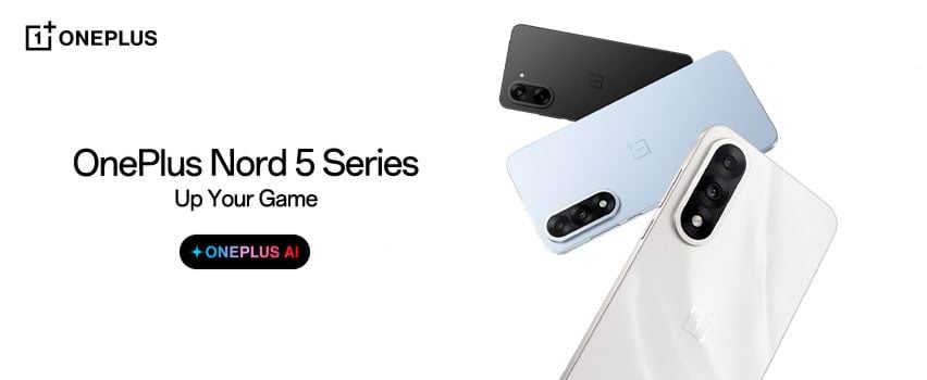 OnePlus Nord 5 Series smartphones i tre farver med tredobbelt bagkamera, vist ved lancering med sloganet Up Your Game og OnePlus AI-branding.