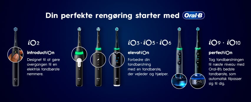 Oral-B iO tandbørsteserie – iO2 introduction, iO3 iO5 iO6 elevation og iO9 iO10 perfection – find din perfekte rengøring