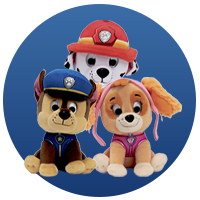 PAW Patrol bamser med Chase, Marshall og Skye i farverige baggrunde.