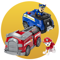 PAW Patrol køretøjer med figurer og redningsvogne klar til action.