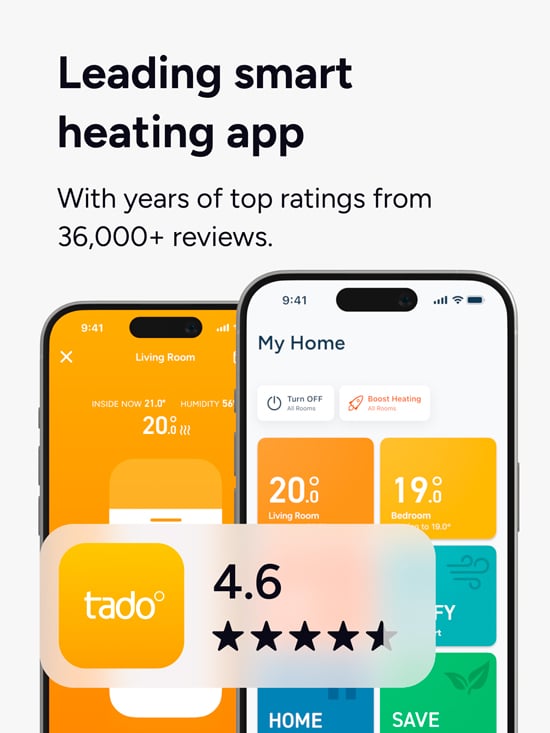 tado° smart varme-app på to smartphones med 4,6 stjerner fra over 36.000 anmeldelser