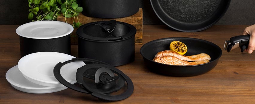 Tefal Ingenio pande med låg og opbevaringssystem – non-stick stegepande med laks og citrон til smart køkkenopbevaring