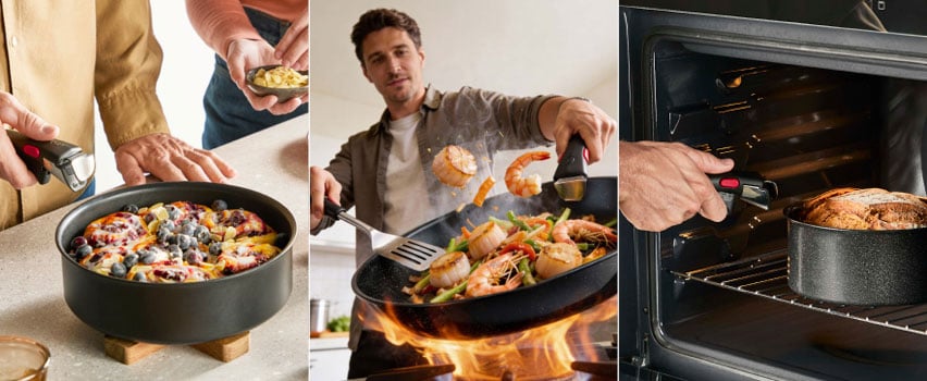 Tefal Ingenio køkkensæt – madlavning med aftagbart håndtag i gryde, pande og ovn