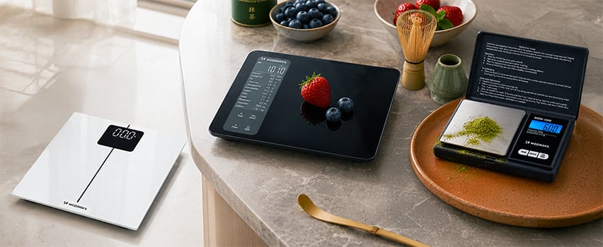 Wozinsky digitale køkkenvægte og personvægt på marmorbord med jordbær, blåbær og matcha-te
