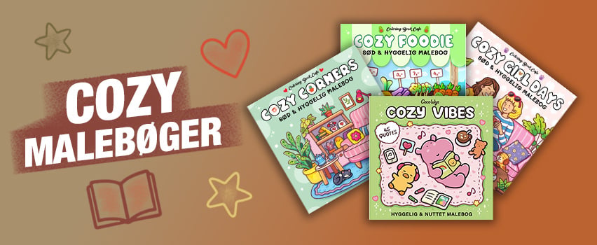Fire små malebøger fra Cozy Corner på en lys brun bagrund med små stjerne og hjertefigurer