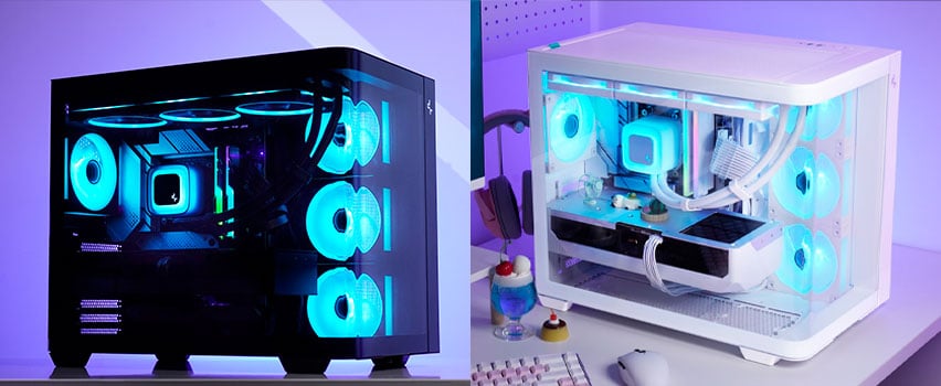 DeepCool CH160 PLUS bærbart M-ATX kabinet i hvid med AIO-vandkøling og rødt kabinet med luftkøling