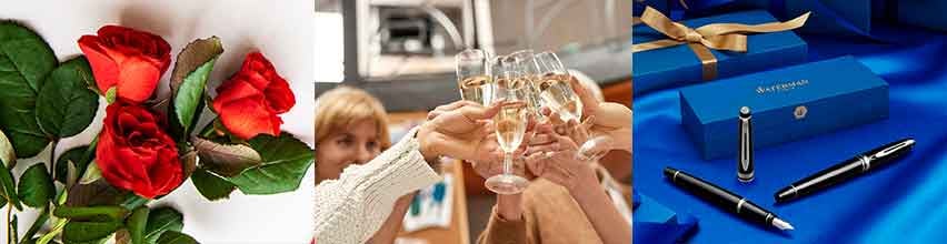Buket røde roser, gruppe mennesker skåler med champagne, og eksklusiv pen i gaveæske på blå baggrund.