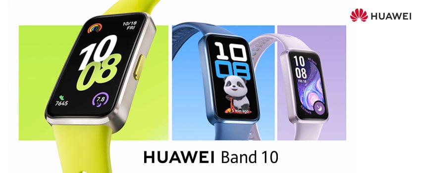 Et gult og et blåt og et lilla Huawei Band 10 på hvid baggrund med logo og produkttekst.