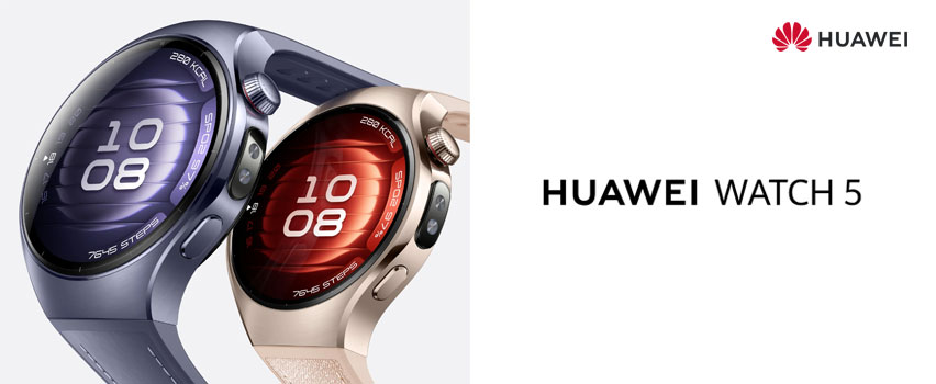 Et guld og et sølvfarvet Huawei Watch 5 på en hvid baggrund med produkt tekst og logo.