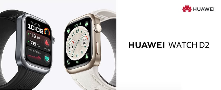 Et sort og et hvidt Huawei Watch D2 på en hvid baggrund med logo og produkttekst