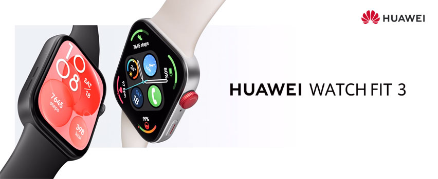 Et Huawei Watch Fit 3 i sort med rød skærm og et hvidt med sort skærm på en hvid baggrund med logo og produktnavn