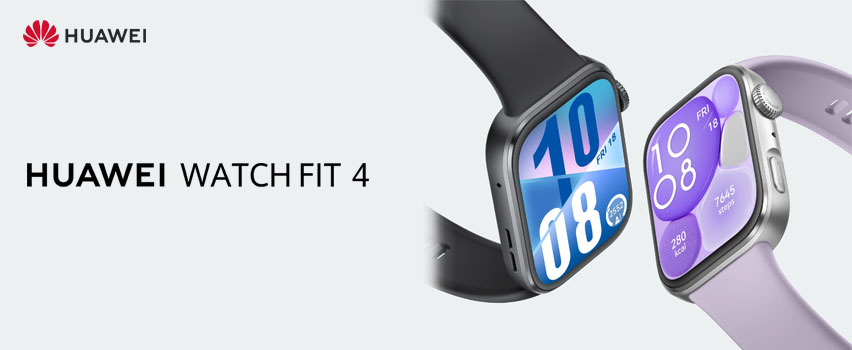 Et Huawei Watch Fit 4 i sort og et Huawei Watch Fit 4 i lilla på hvid baggrund med logo og produkttekst