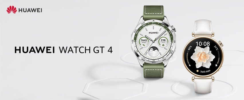 Huawei Watch GT 4 i hvid med blomstret urskive vist ved siden af et med grøn rem og analog urskive på hvid baggrund med logo og produktekst